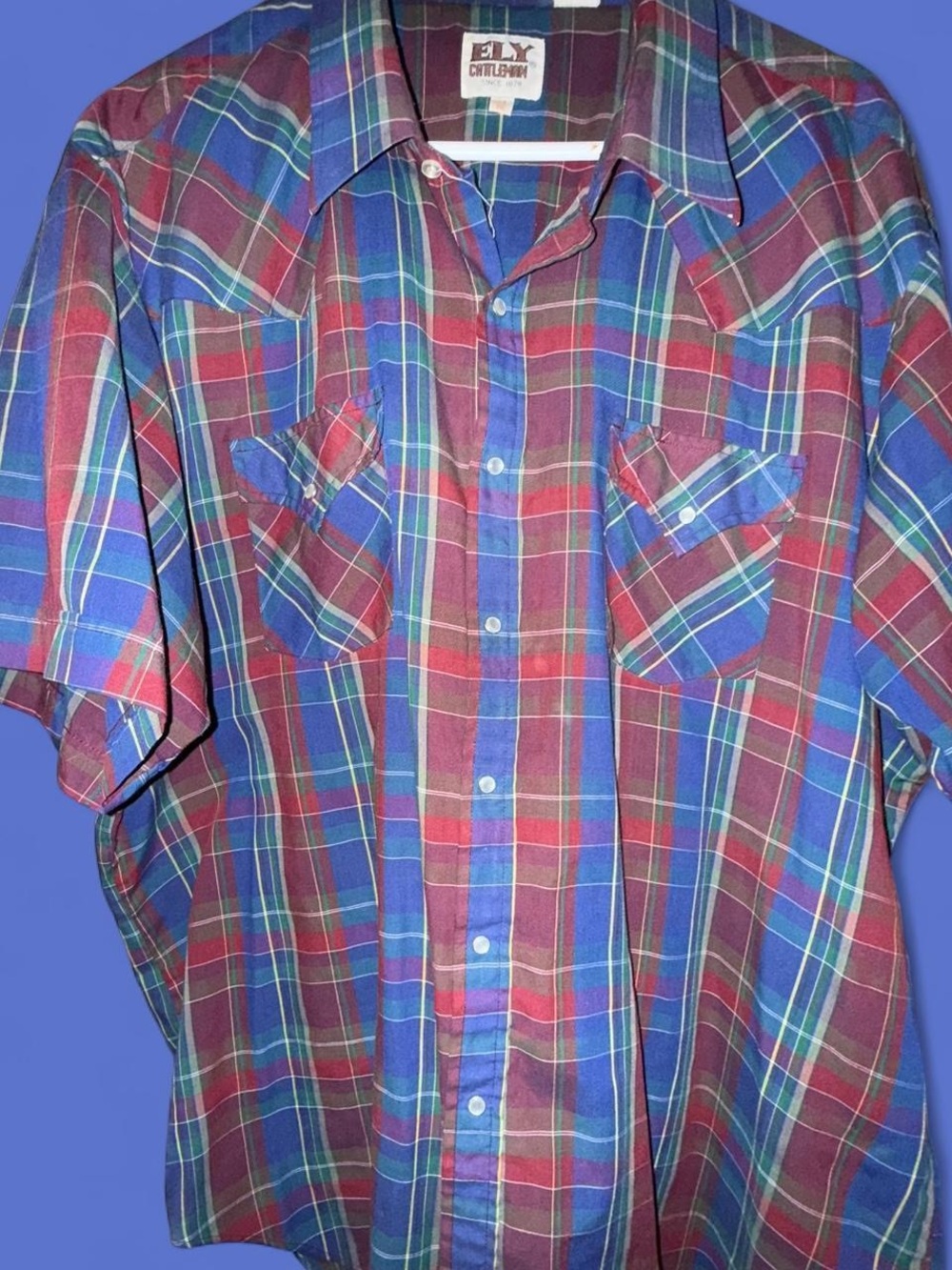 Ely Cattleman Blue and Red Plaid Short-Sleeve Button-Down Shirt